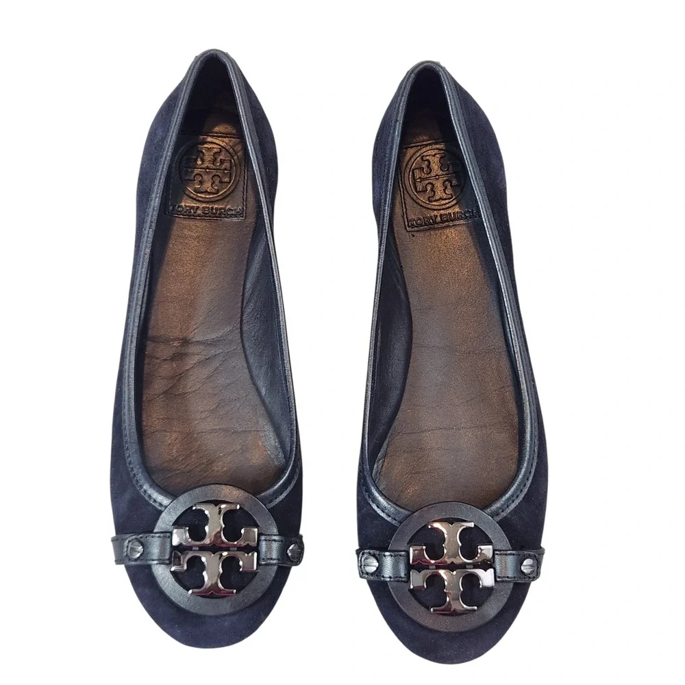 Tory Burch Reva Ballet Flats Womens 7M Navy Blue Suede Logo Medallion